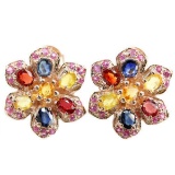 MULTI COLOR SAPPHIRE & RED RUBY Flower Earrings