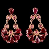 Natural BLOOD RED RUBY PEAR & ROUND Flower Earrings