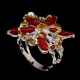Natural Top Red Coral Ruby Sapphire Pearl Ring