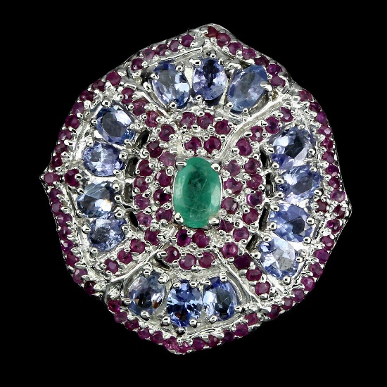 Natural Green  Emerald Ruby  & Tanzanite Ring