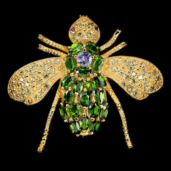 Natural Sapphire, Ruby & Chrome Diopside Bee Brooch