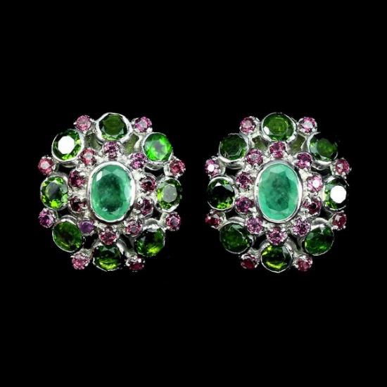 Natural Emerald Chrome Diopside Rhodolite Earrings