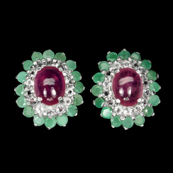 Natural Emerald, Ruby & White Topaz Earrings