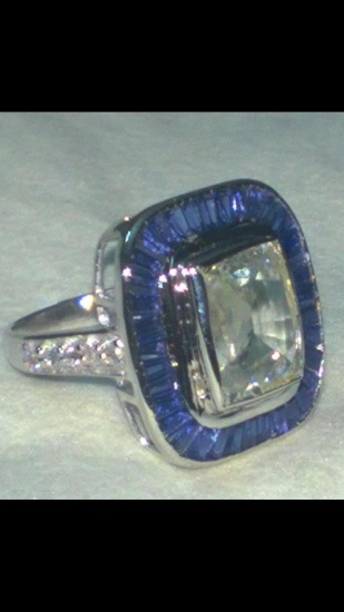 Natural White & Blue Sapphire Art Deco Gold Ring