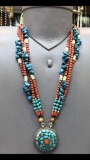 Tibet Hand Made Natural Turquoise & Coral Necklace