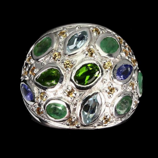 Natural Aquamarine, Emerald, Sapphire, Tanzanite Ring