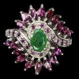 Natural Emerald & Marquise Rhodolite Garnet Ring