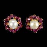 Natural Pearl & Marquise Red Ruby Earrings