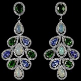 Natural Tanzanite, White Opal, Chrome Diopside Earrings