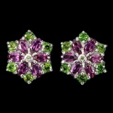 Natural Rhodolite, Chrome Diopside, & Sapphire Earrings