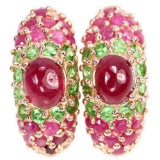 Natural RED RUBY OVAL & GREEN TSAVORITE GARNET Earrings