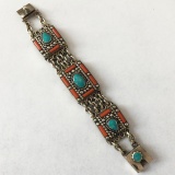 Tibet Hand Made Turquoise & Coral Bracelet