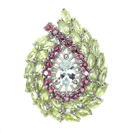 Natural Aquamarine Peridot Rhodolite Garnet Ring