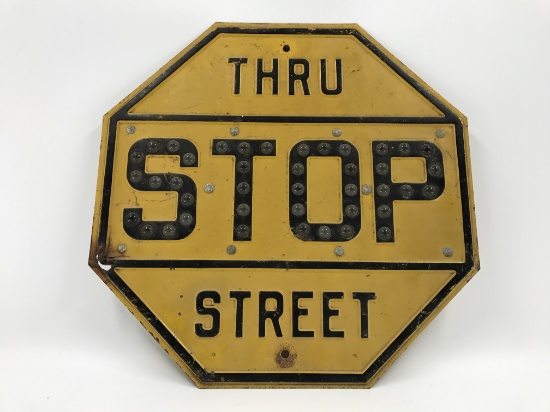 1940s 1950s Stamped Steel Stop Sign w/ Cat Eyes