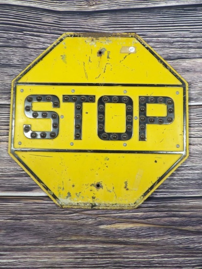 Yellow Metal STOP Sign With Glass Reflectors