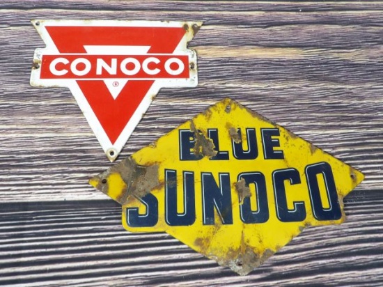 Lot of (2) Porc. Gas Pump Plates - Conoco & Sunoco