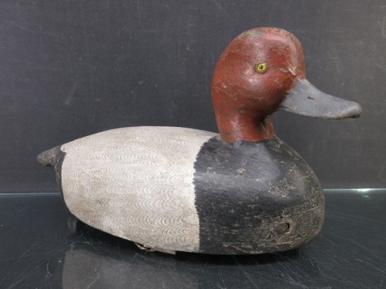 Early Hand Carved Wooden Duck Decoy - Marked JS