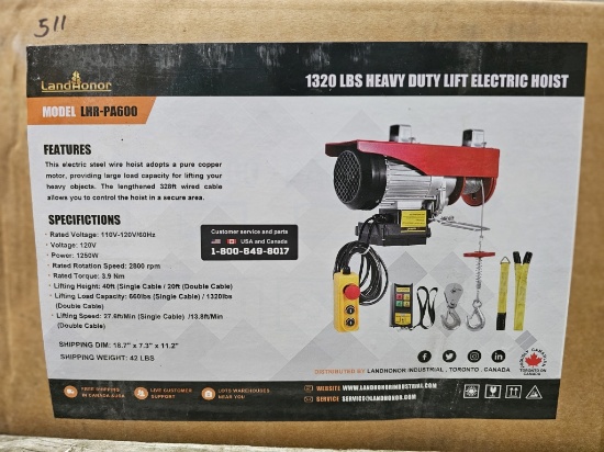 LandHonor 1320 lb Electric Hoist / Lift (Model LHR-PA600)