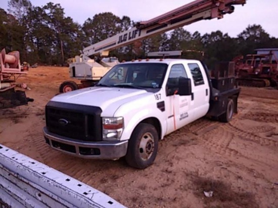 2008 FORD F350XL SD CREW CAB FLATBED TRUCK, 6.4L POWERSTROKE, A/T, 8' FLATBED, SIDE MT TOOLBOXES, CR