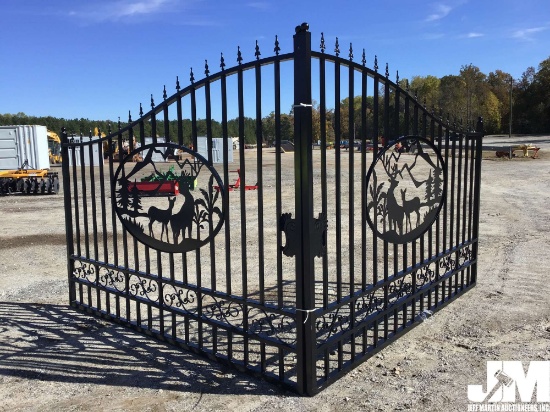 (UNUSED) GREATBEAR 14FT BI-PARTING WROUGHT IRON GATE W/DEER ARTWORK IN