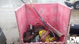 CHAIN HOIST, LIGHTS, (2) RAKES, POLE SAW