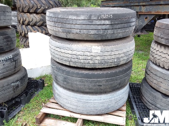 QTY OF (4) MISC TIRES W/ WHEELS, 12R22.5