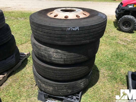 QTY OF (4) MISC TIRES W/ ALUMINUM WHEELS, 12R22.5
