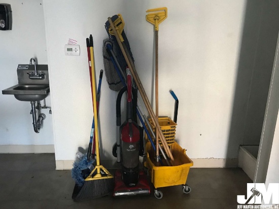 QTY OF MISC MOPS, BROOMS, AND DIRT DEVIL VACUUM