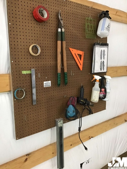 PEGBOARD W/ QTY OF MISC TOOLS & SHOP SUPPLIES