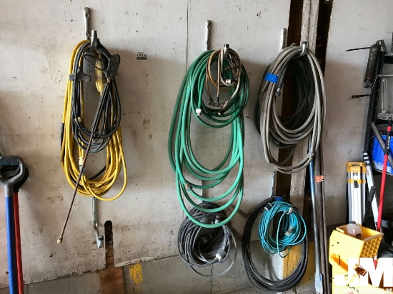 QTY OF MISC WATER HOSES, EXT CORD, PRESSURE WASHER WAND