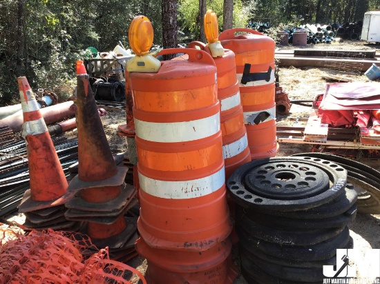 MISC QTY OF ROAD CONES, BARRELS, AND WEIGHTED BASES