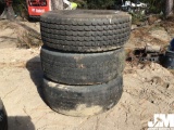 QTY OF (3) 385/65R22.5 SUPER SINGLE TIRES, (2) W/ STEEL