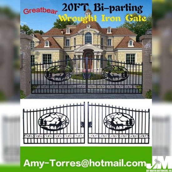 (NEW/UNUSED) 20' BI-PARTING IRON GATE W/ DEER ART