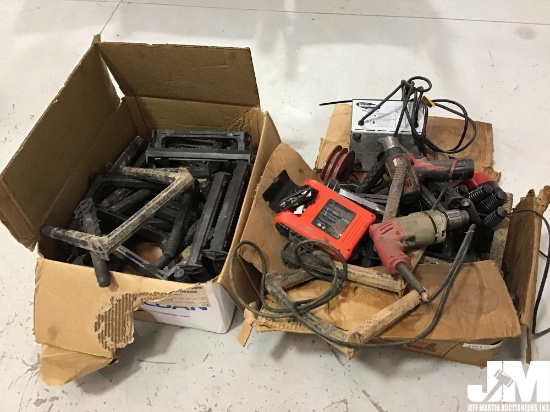 QTY OF MISC STEP BASES, POWER TOOLS & CHARGERS