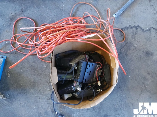 QTY OF (2) EXTENSION CORDS, BOX OF (5) MISC RADIOS