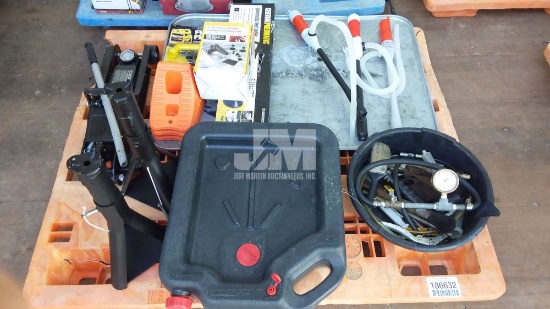 PALLET W/ CAR JACKS, OIL COLLECTION PAN, DENT REMOVER TOOLS