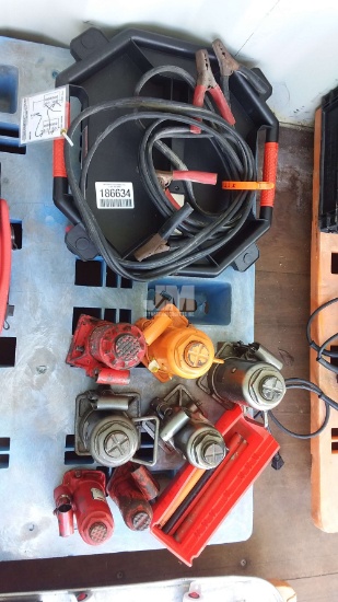 QTY (7) BOTTLE JACKS MISC SIZES & JUMPER CABLES