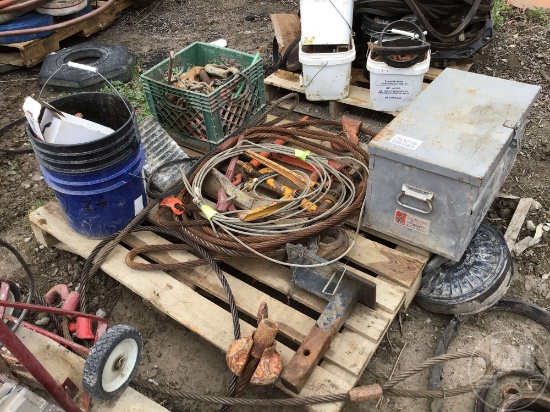 PALLET OF CHAINS/BINDERS, CABLE CHOCKERS & TOOL BOX