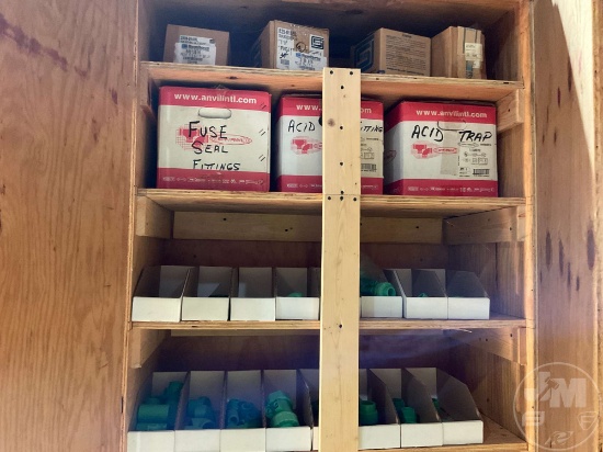 CABINET W/ MISC SIZE PVC PIPE FITTINGS,