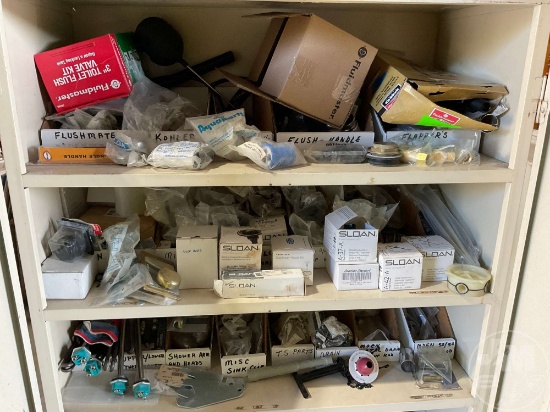 CABINET W/ MISC SINK,DRAIN PARTS & SHOWER PARTS