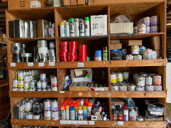 CABINET W/ MISC TAPE,STRING,PAINT BRUSHES, & PVC PIPE PRIMER CLEANER