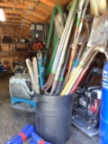 TRASH CAN ROUND AND FLAT SHOVELS, RAKES AND ETC