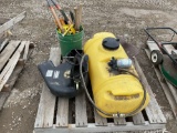 PALLET OF MISCELLANEOUS SPRAY TANK,SNOW BLOWER FOR MOWER,,BUCKET ON HAND TOOLS AND ETC