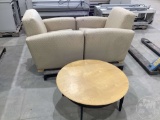 (2) UPHOLSTERED CHARS AND ROUND COFFEE TABLE