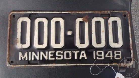 1948 MINNESOTA BLACK PLATE WITH WHITE NUMBERS, NUMBER 000-000