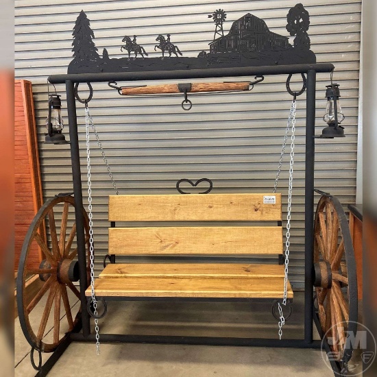 CUSTOMIZED, CLASSIC METAL WAGON WHEEL BENCH SWING, ***THERE ARE NO