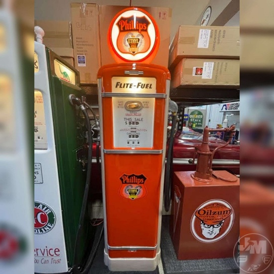 PHILLIPS FLITE FUEL BENNETT GAS PUMP, PHENOMINAL RESTORATION, COMPUTER WORKS,