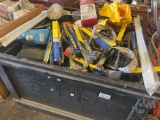 CRATE OF MISCELLANEOUS WIND SHIELD WHIPPERS, CAT BELTS, HOESES AND HAND TOOLS FOR SHOP