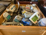 CRATE OF MISCELLANEOUS CLEANING SUPPLIES, HAND TOOLS, AND BOLTS/SCREWS,