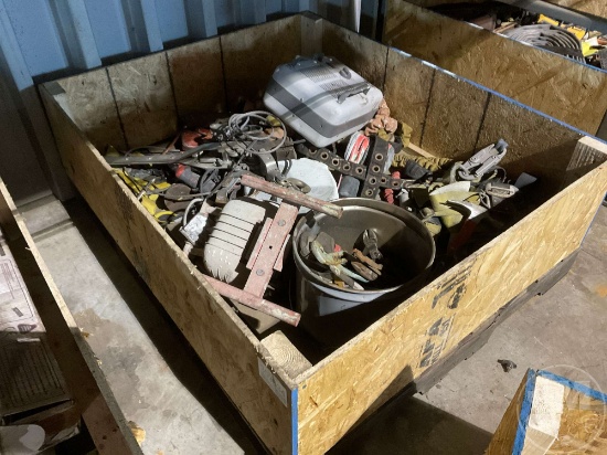PALLET BOX OF HARNESSES, LIGHT, HEATER, AND TOOLS